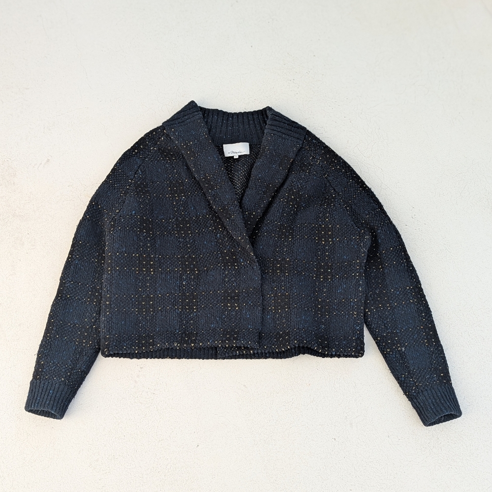 3.1 Phillip Lim | Cropped Knit Cardigan Jacket Blue Black Gold Metallic Small